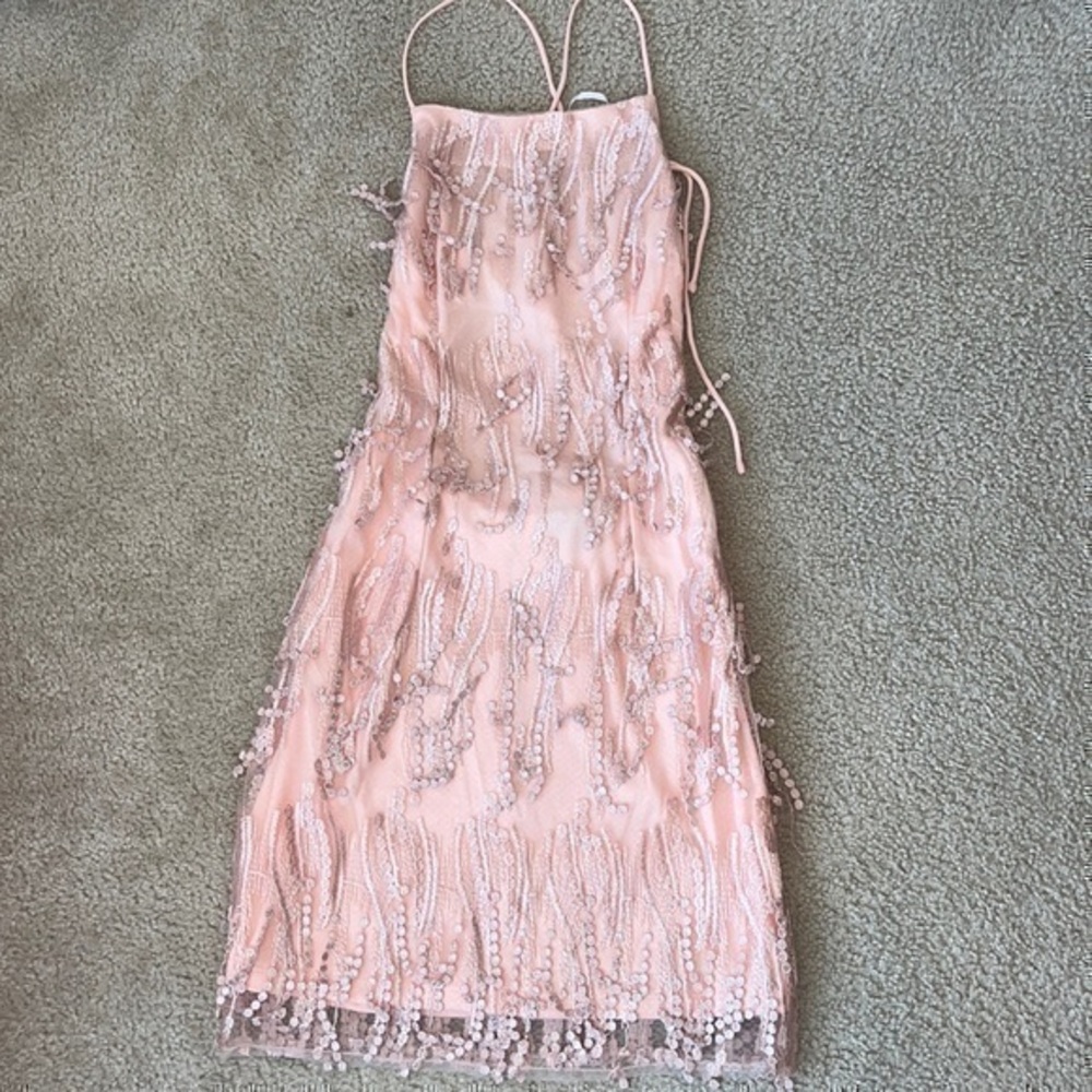 Lulu’s Pink Peach Lace Fringe Criss Cross Tie Open Back Dress
